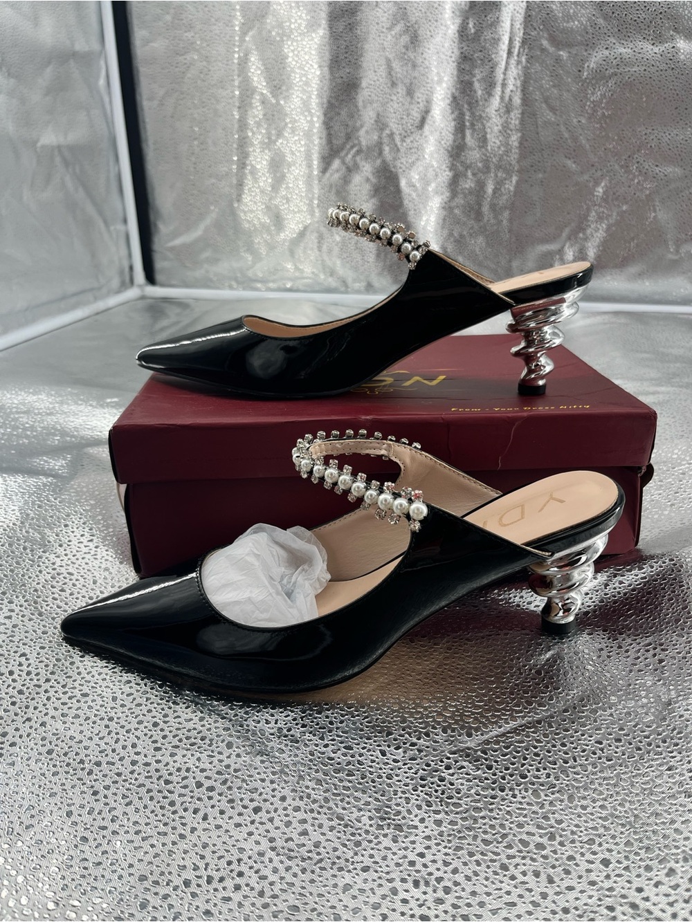 YDN Trendy Metallic Spiral Heel Party Mules Pearl Crystal Embellishment Size 9